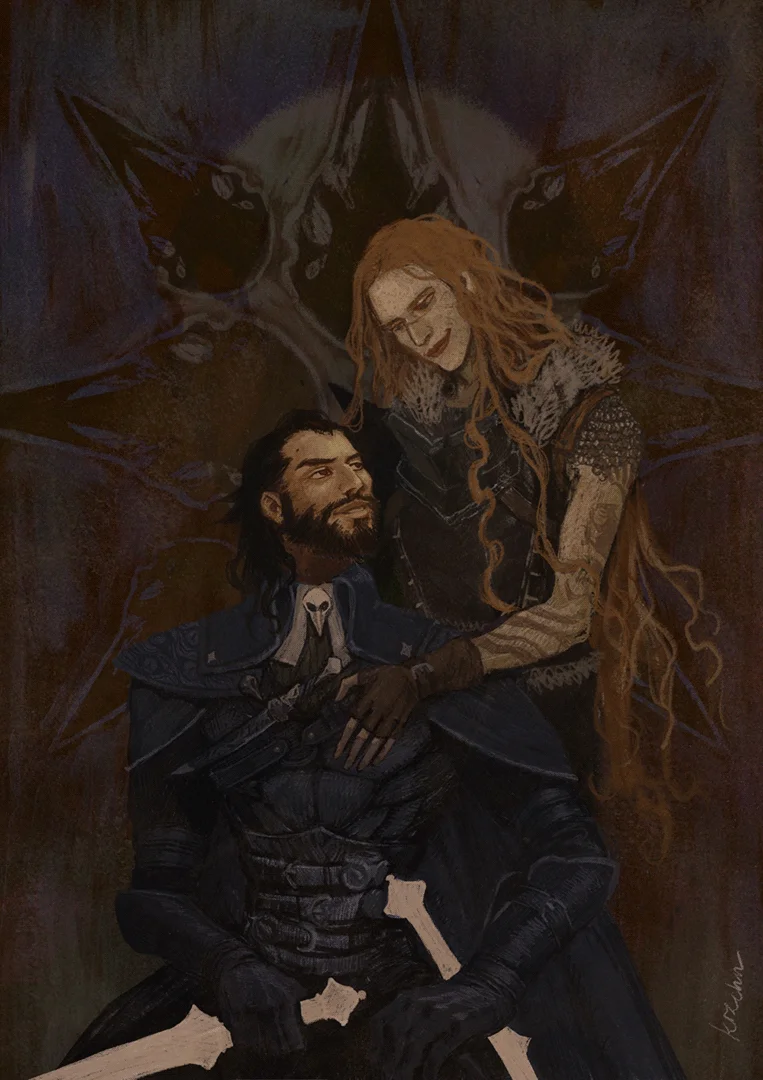 commission work of two characters looking tenderly at each other