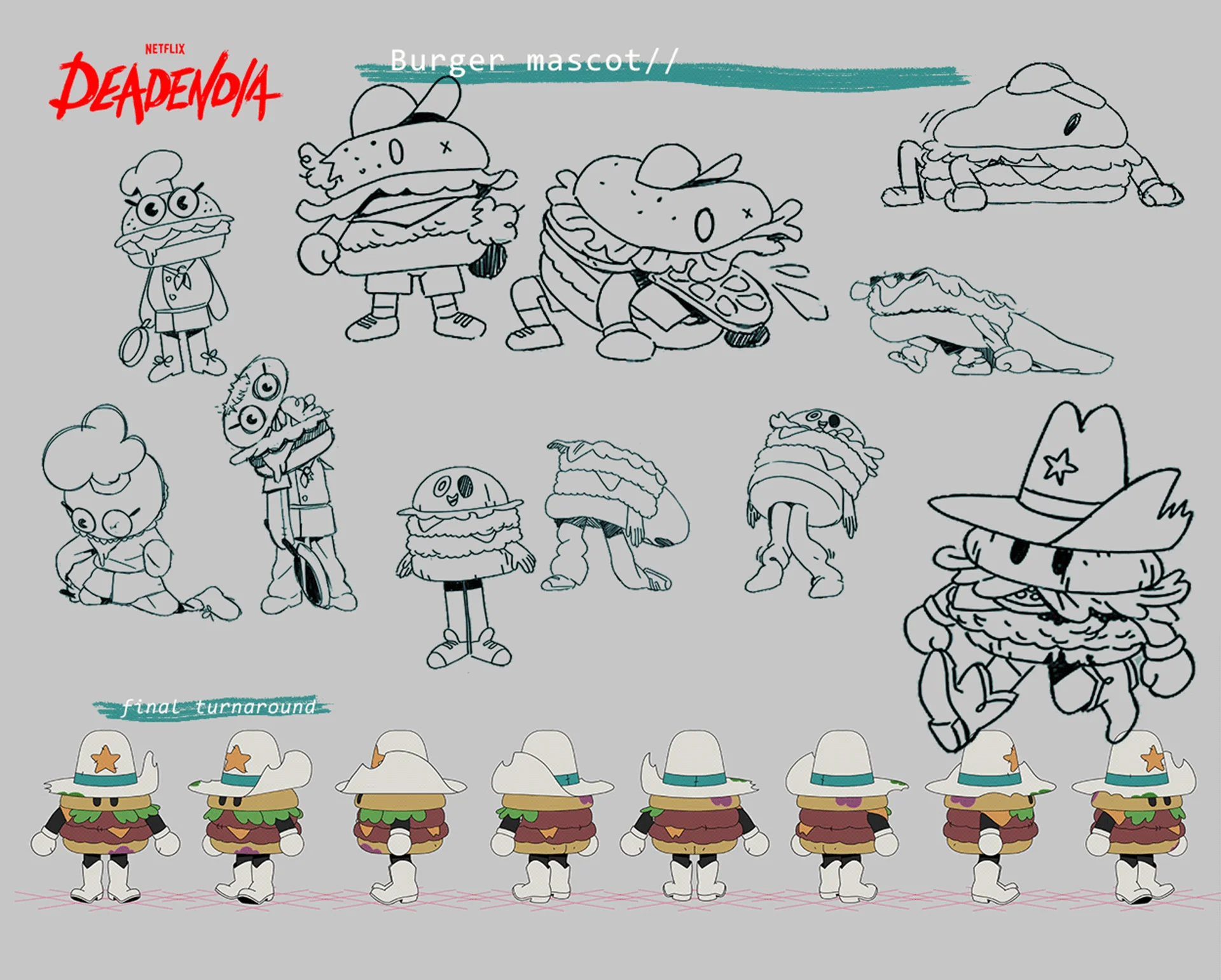 first sketches alongside the final turnaround for the Burger Mascot from DeadEnd: Paranormal Park