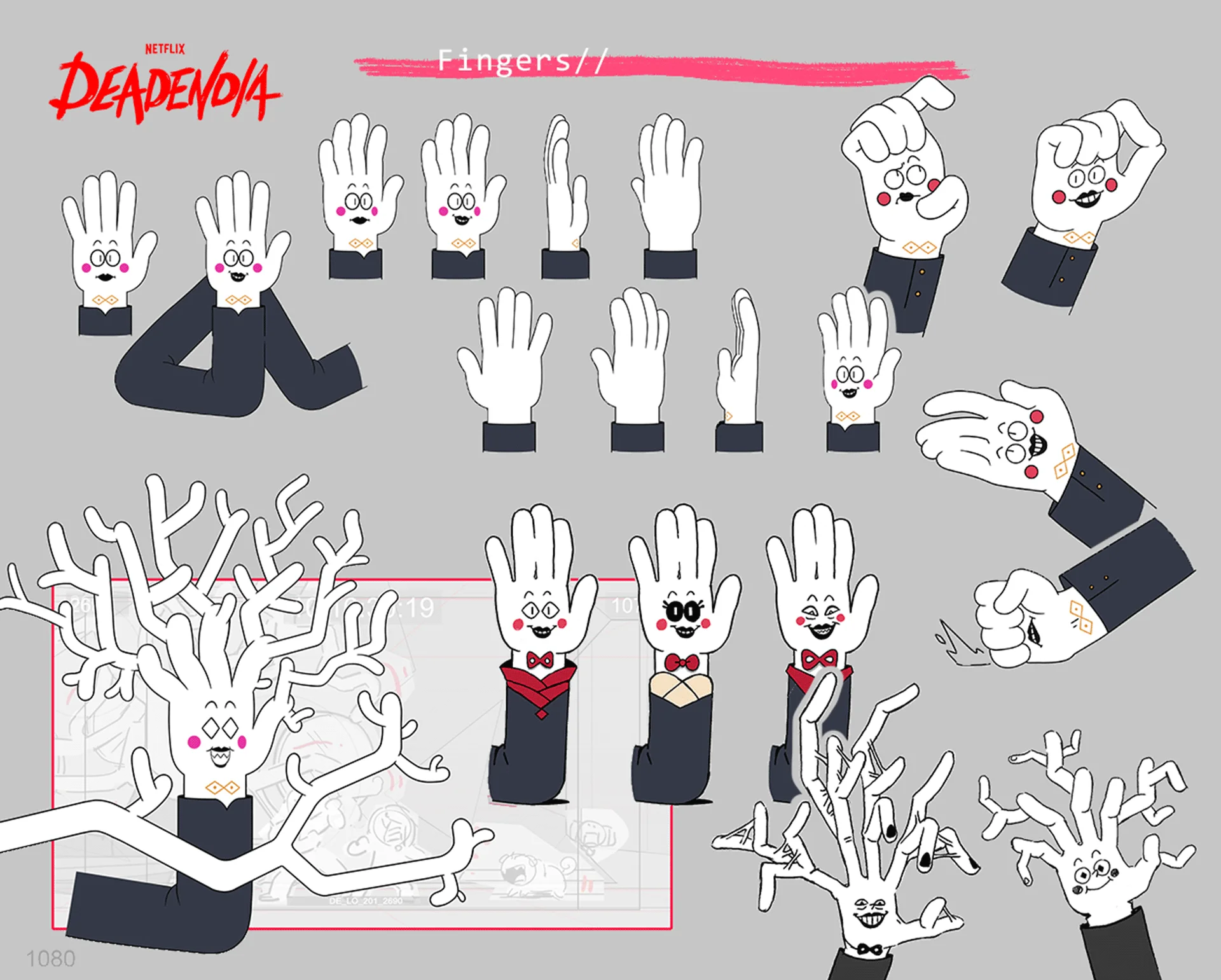 final turnaround of Fingers, from DeadEnd: Paranormal Park, alonside a couple of research sketches