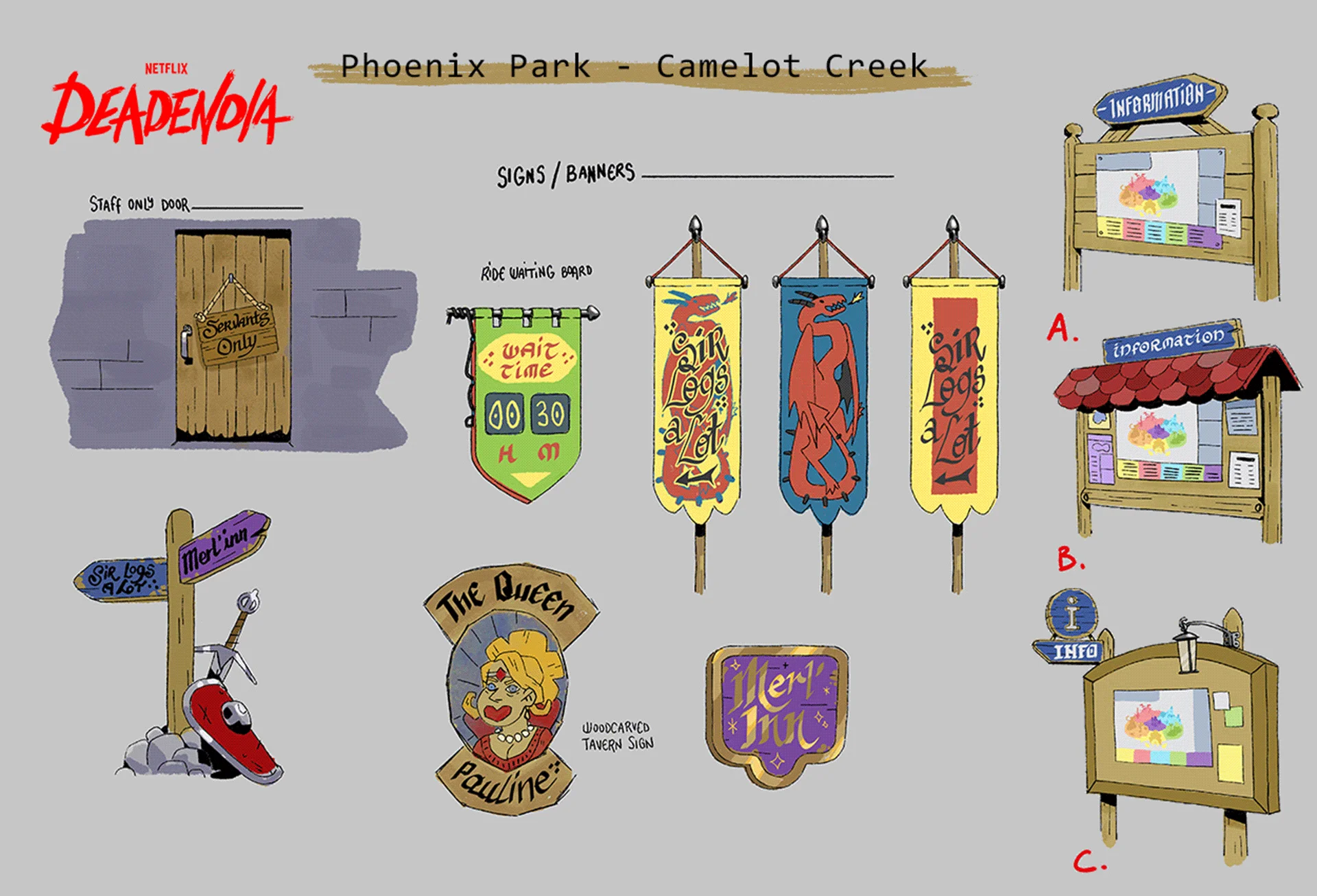 assortment of park props and signage I did in very early visual development days for Phoenix Park, the main location from DeadEnd: Paranormal Park