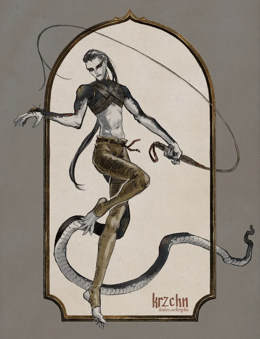 character art done for my Fabula Ultima group. It features a lithe reptilian humanoid woman with a long tail and a long whip