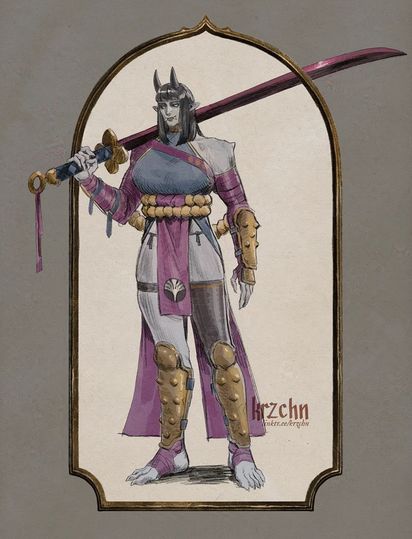 character art done for my Fabula Ultima group. It features a very tall oni holding an odachi with a crimson blade
