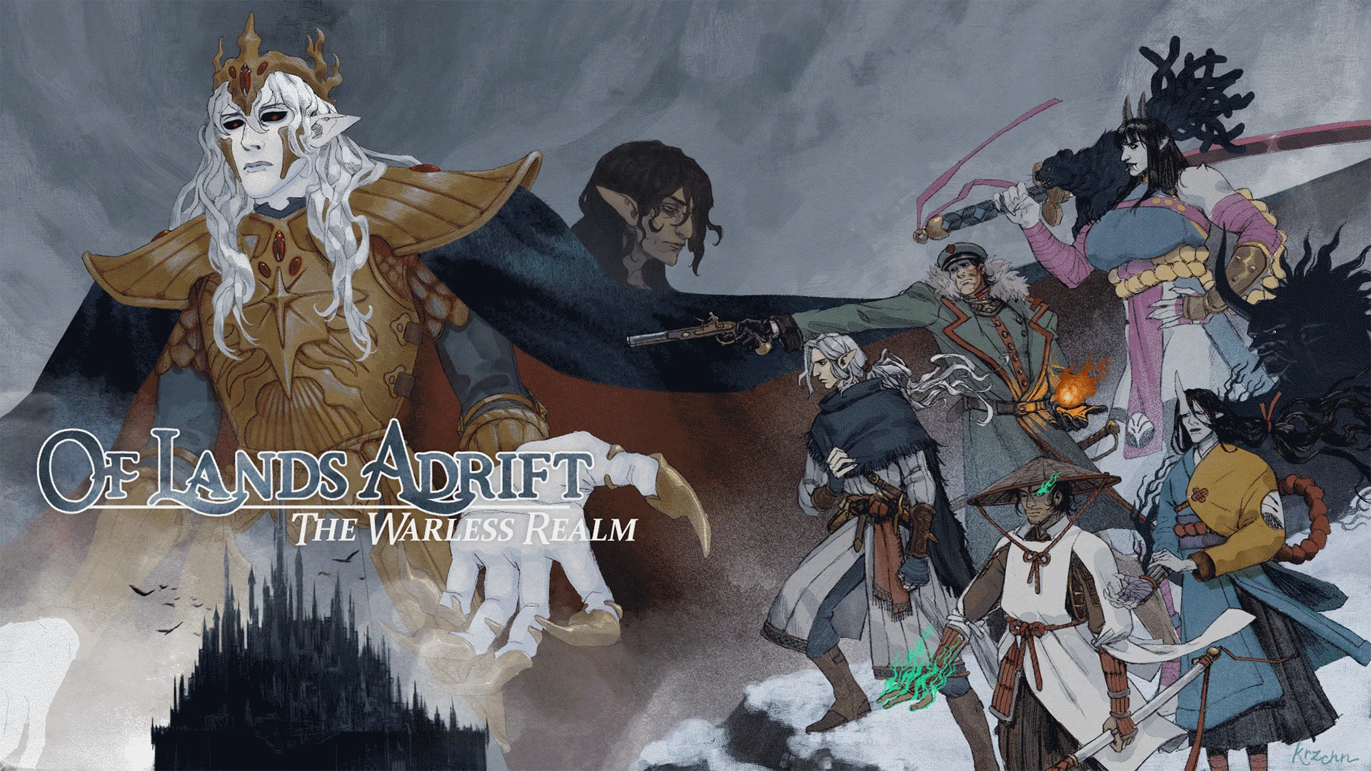 a cover i did for my Fabula Ultima group, to celebrate our second arc. Text reads: Of Lands Adrift: The Warless Realm