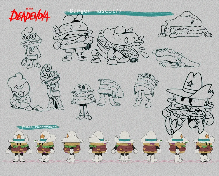 first sketches alongside the final turnaround for the Burger Mascot from DeadEnd: Paranormal Park