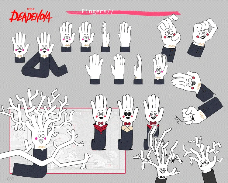 final turnaround of Fingers, from DeadEnd: Paranormal Park, alonside a couple of research sketches