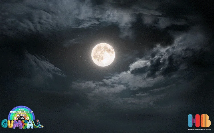 digital matte painting, background work done for The Wonderfully Weird World of Gumball. This night sky is made out of daytime sky pictures of clouds, a high-resolution picture of the moon, and lots of adjustment layers!