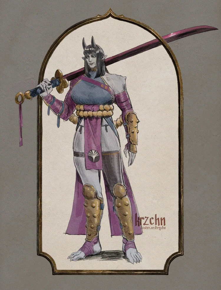 character art done for my Fabula Ultima group. It features a very tall oni holding an odachi with a crimson blade