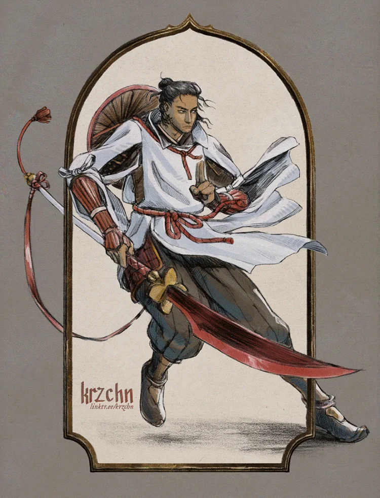 character art done for my Fabula Ultima group. It features a human man in spiritual garb, wielding a glaive with a crimson blade