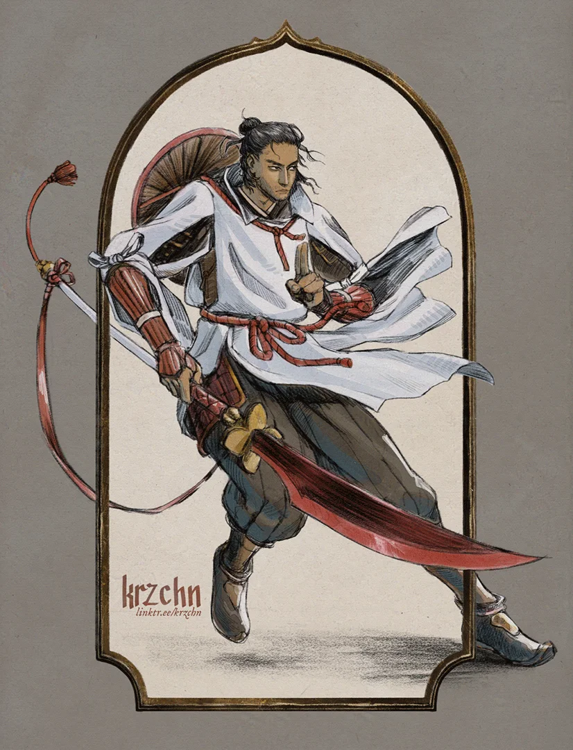 character art done for my Fabula Ultima group. It features a human man in spiritual garb, wielding a glaive with a crimson blade
